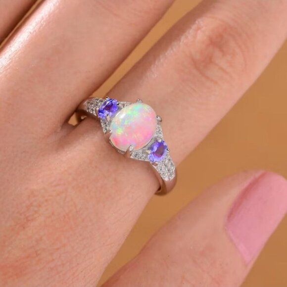 Ethiopian Opal ✦ Tanzanite Aurora Grove Ring ✦ 2.00ctw Rhodium Over Sterling 6 - Picture 5 of 16